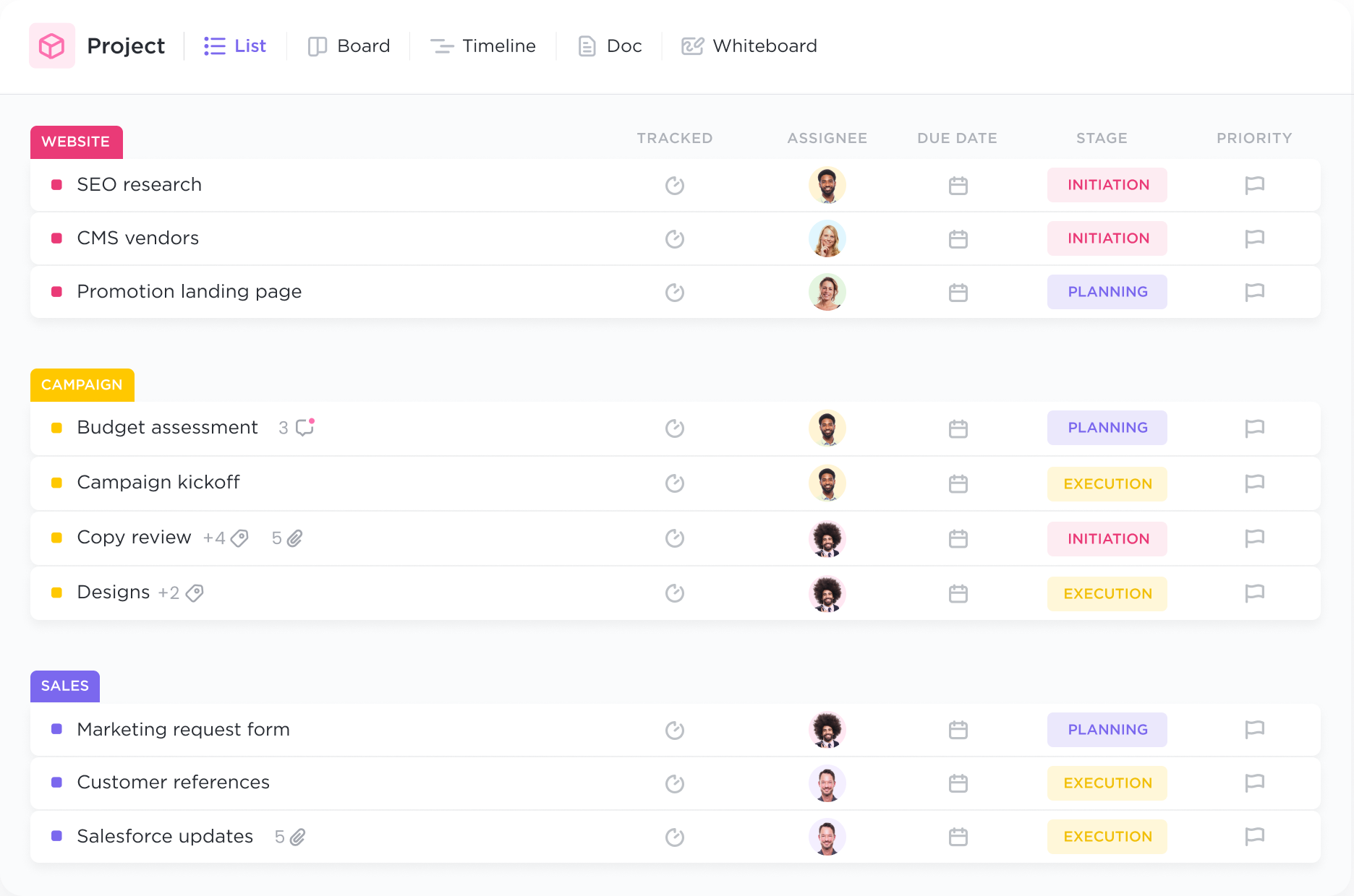 ClickUp listes et équipes